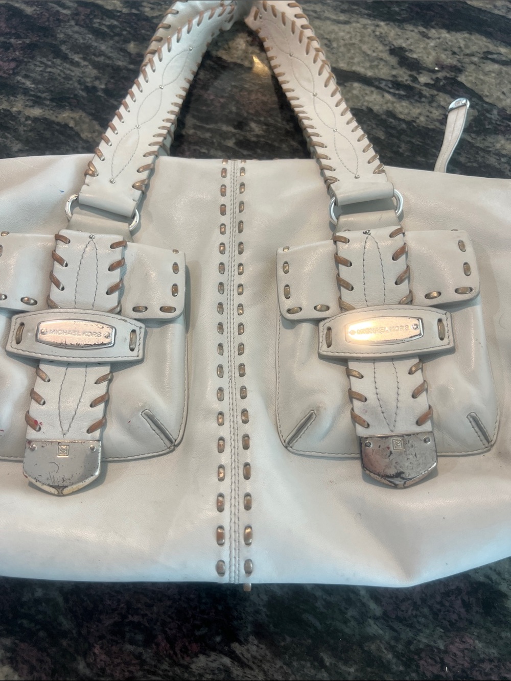 MICHAEL Michael Kors White Leather Shoulder Bag with Brown Whipstitch - Picture 3 of 7